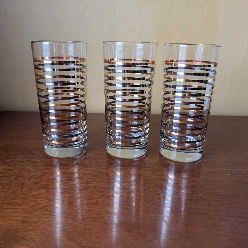 MCM Set Of 3 Silver And Gold Striped Highball Glasses - Picture 2 of 5
